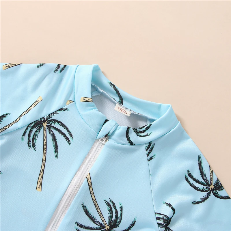 Toddler Girls Boys Swimwear Blue Short Sleeve Tropical Tree Print Zipper Bathing Suit Swimsuit Baby Swimming Clothing 1-5Y kids swimsuits
