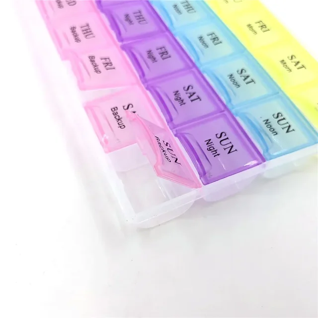 1 pièces 4 rangées 28 carrés/3 rangées 21 grilles/2 rangées 14 grilles hebdomadaires 7 jours tablette pilule support de la boîte médicaments stockage organisateur conteneur étui 5