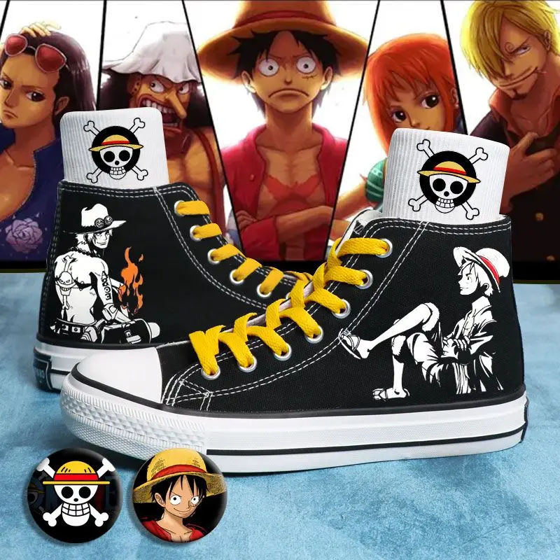 thumbnail image 1 of Nuevas zapatillas de lona de caña alta con dibujos animados de One Piece Anime Luffy Sabo Ace, zapatillas versátiles, regalos para vacaciones, 1 of 5