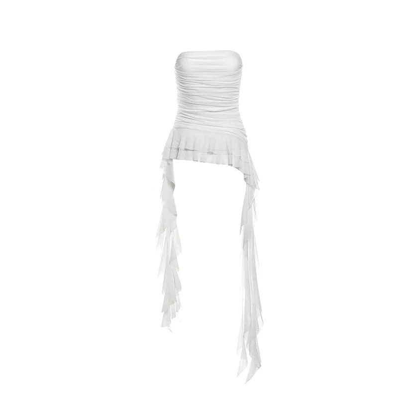 y2k Strapless Top Women Summer Solid Color Off Shoulder Sleeveless Asymmetrical Ruffle Hem Bandeau Vest Streetwear