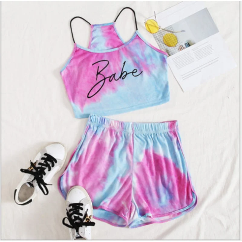 

2022 Europe and the United States hot new tie-dyed letter print halter jacket sports shorts set women
