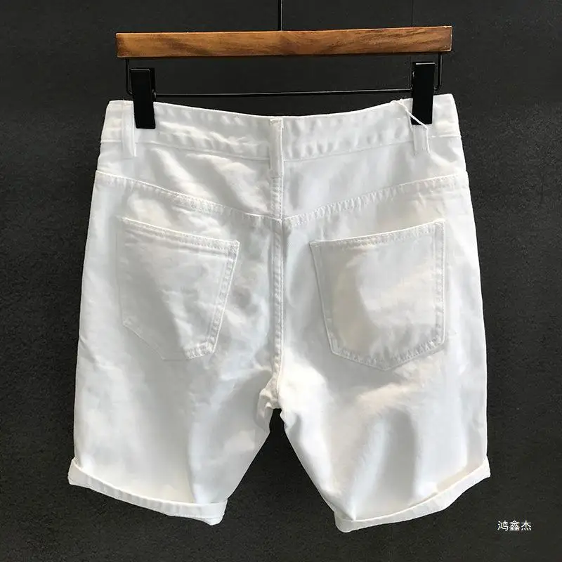 2023 Hong Kong Version of Everything Street Tide White Ripped Denim Shorts Men's Casual Trend Summer Scraped Five Points Pants