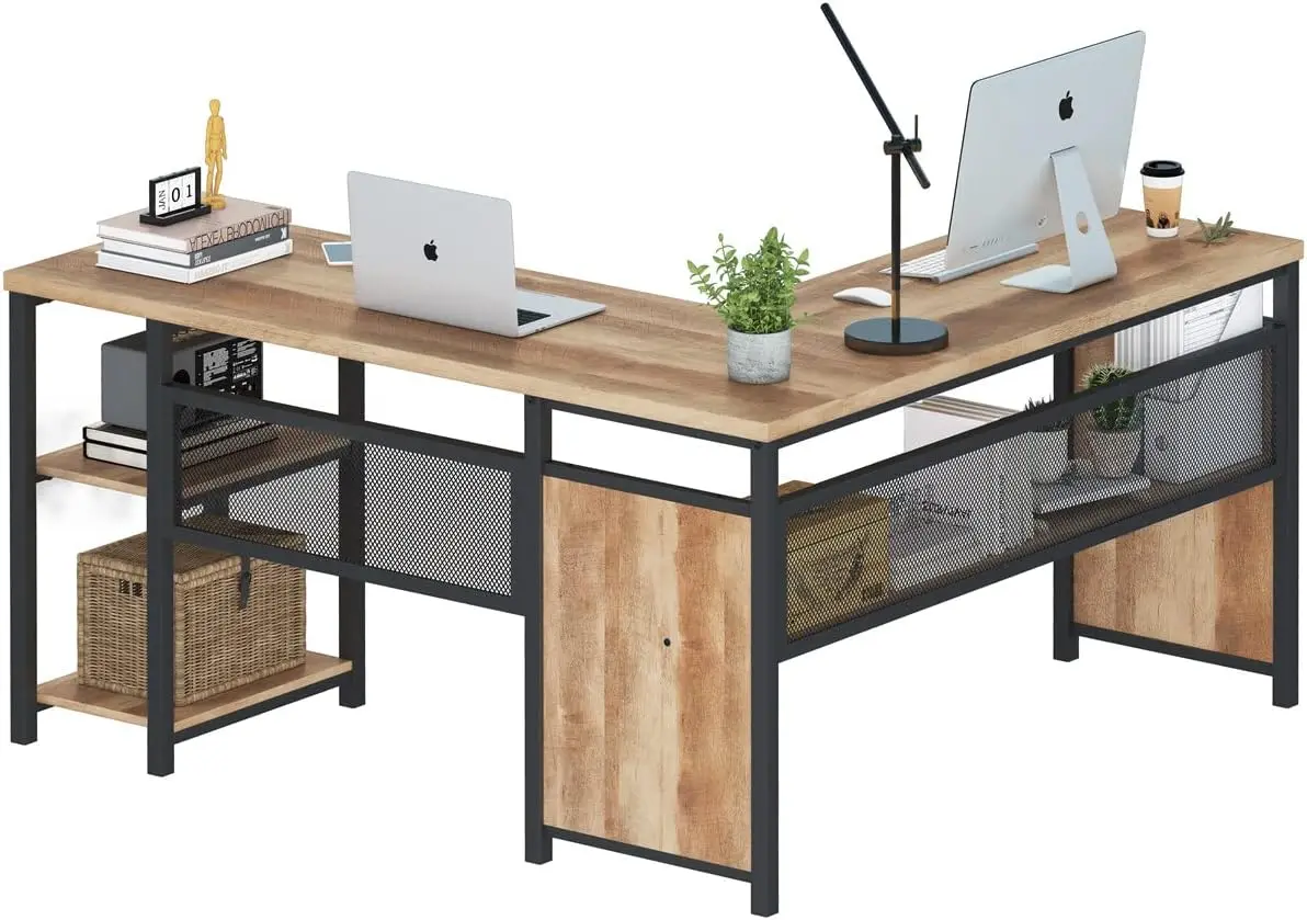 

Компьютерный стол FATORRI L-образной формы, промышленный офисный стол с полками, двусторонний угловой стол из дерева и металла для дома и офиса (ржавчина)