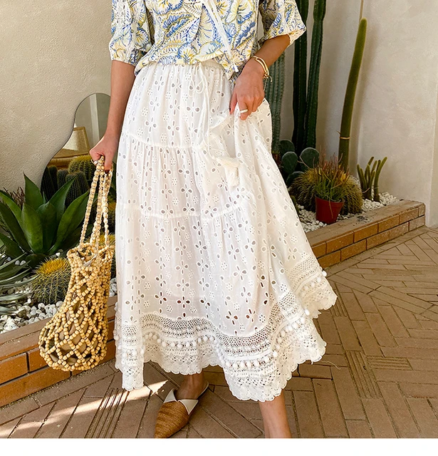 Falda larga blanca con bordado Floral para mujer, faldas informales de algodón, Vintage, elástica, de cintura alta, bohemio, de playa _ - AliExpress Mobile