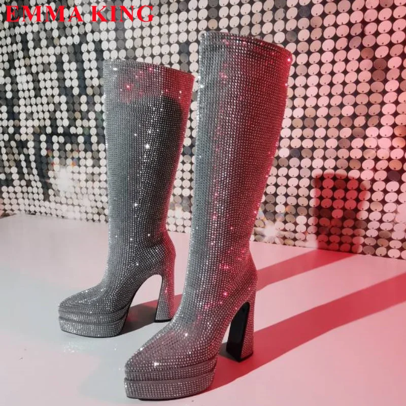 

Luxury Designer Rhinestone Thick Heels Knee High Boots Women Bling Platform Pointed Toe Long Boots 2023 Party Stage Shoes Woman