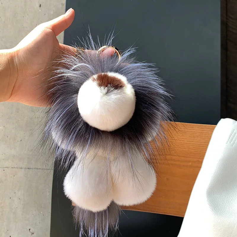 Women Cute Plush Doll Toy Kids Trinkets Bag Car Keyring Ornament Birthday Gift Luxury Real Rex Rabbit Fur Lion Pendant Keychain
