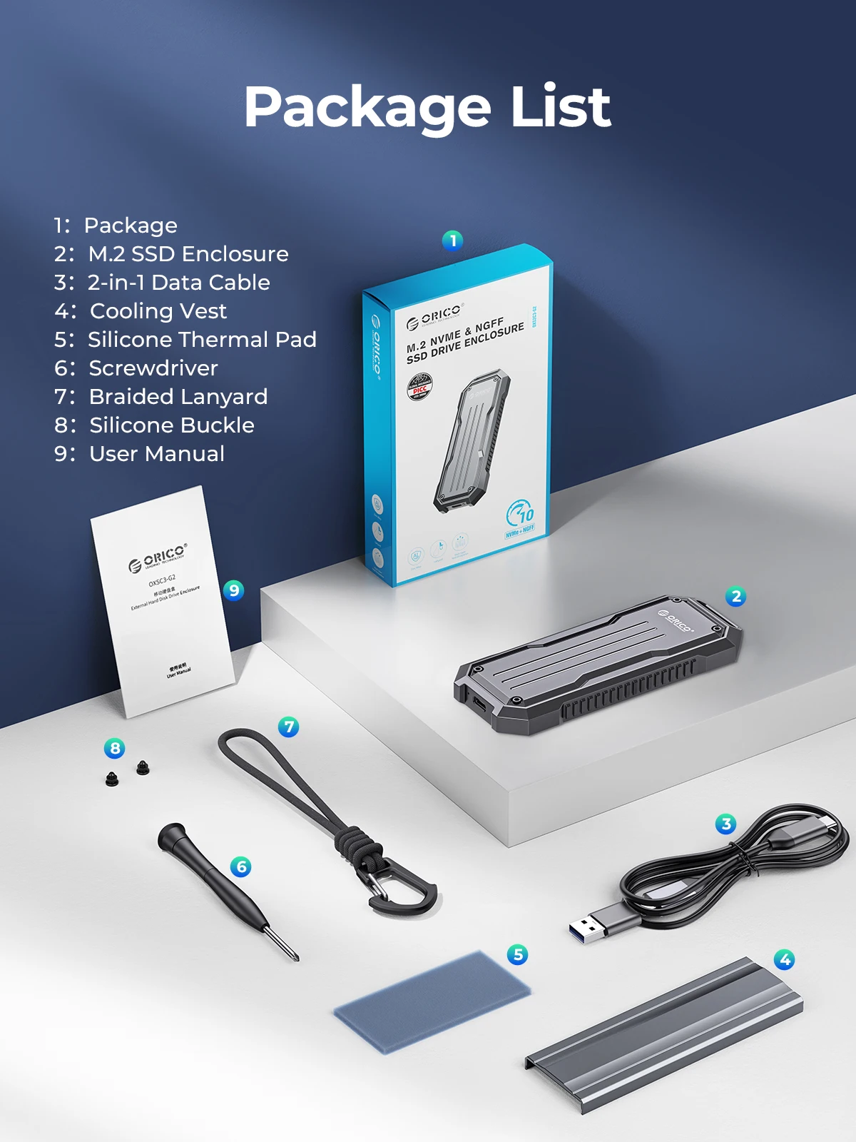 Orico-gabinete Portátil com Dissipador de Cordão para Viagens ao ar Livre Liga de Zinco M.2 Nvme Sata Ssd Case Externo 10gbps - Imagem 2