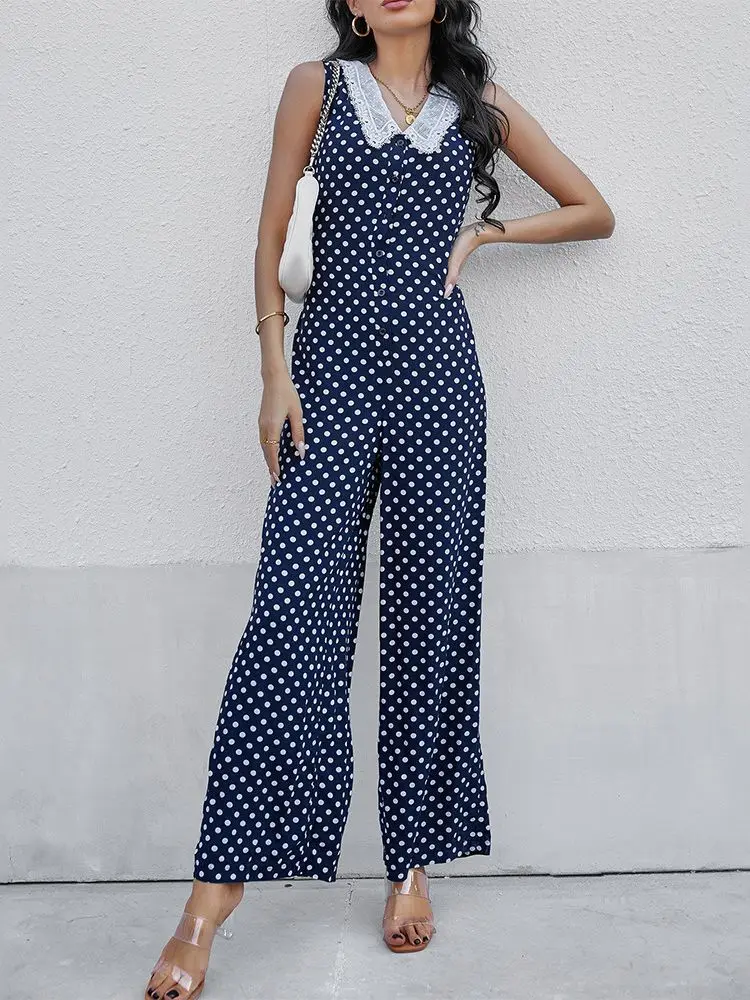 

Polka Dot Jumpsuit 2022 Summer New Doll Collar Sleeveless Hight Waist Fashion Straight Pants Jumpsuits Women
