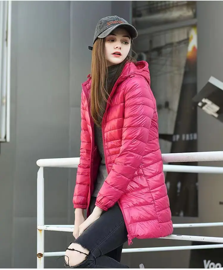 7XL Winter Ladies Long Warm Down Coat With Portable Storage Bag Women Ultra Light Hooded Down Jacket Women Windproof Down Parkas