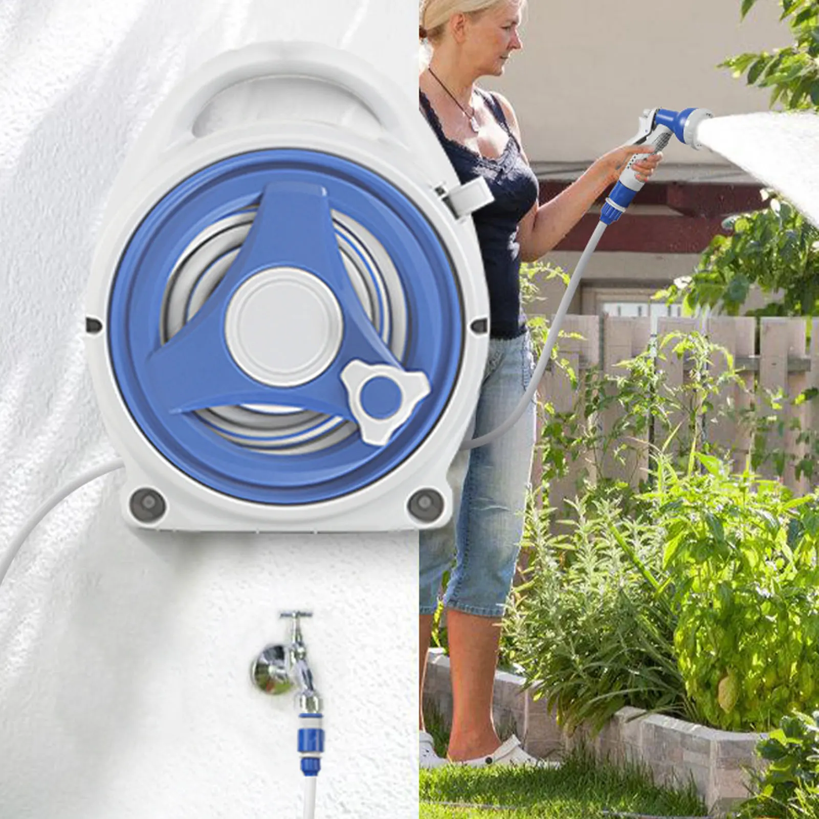 Garden Hose Reel Handheld Sunproof 15m Water Pipe Nozzle Home Yard Watering