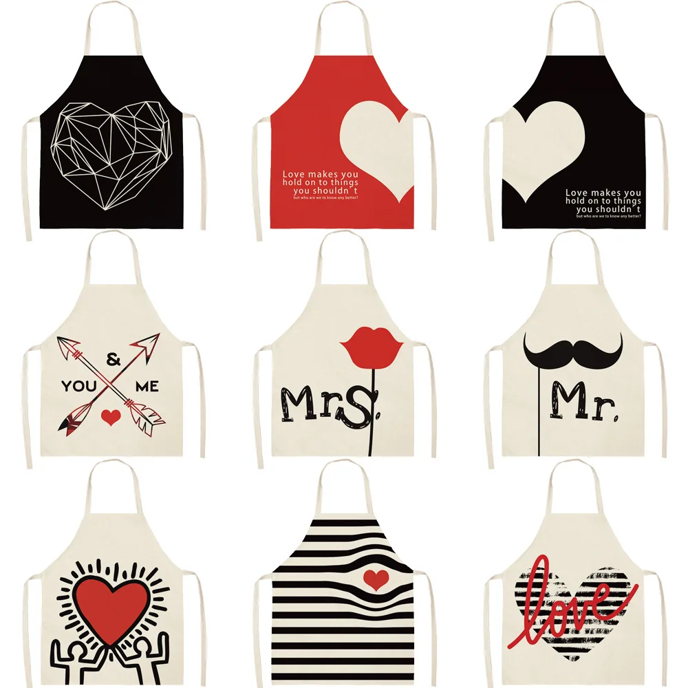 

New Printed Women Kitchen Aprons Multifunction Cotton Linen Apron Dress Antifouling Men Chef Cooking Apron Cleaning Kid Aprons