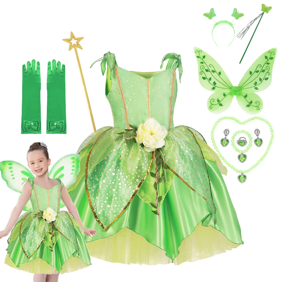 Disney Girls Tinker Bell Costume Costume Di Halloween Per Bambini Green Tinkerbell Fancy Dress Fairy Princess Cosplay Carnival Party