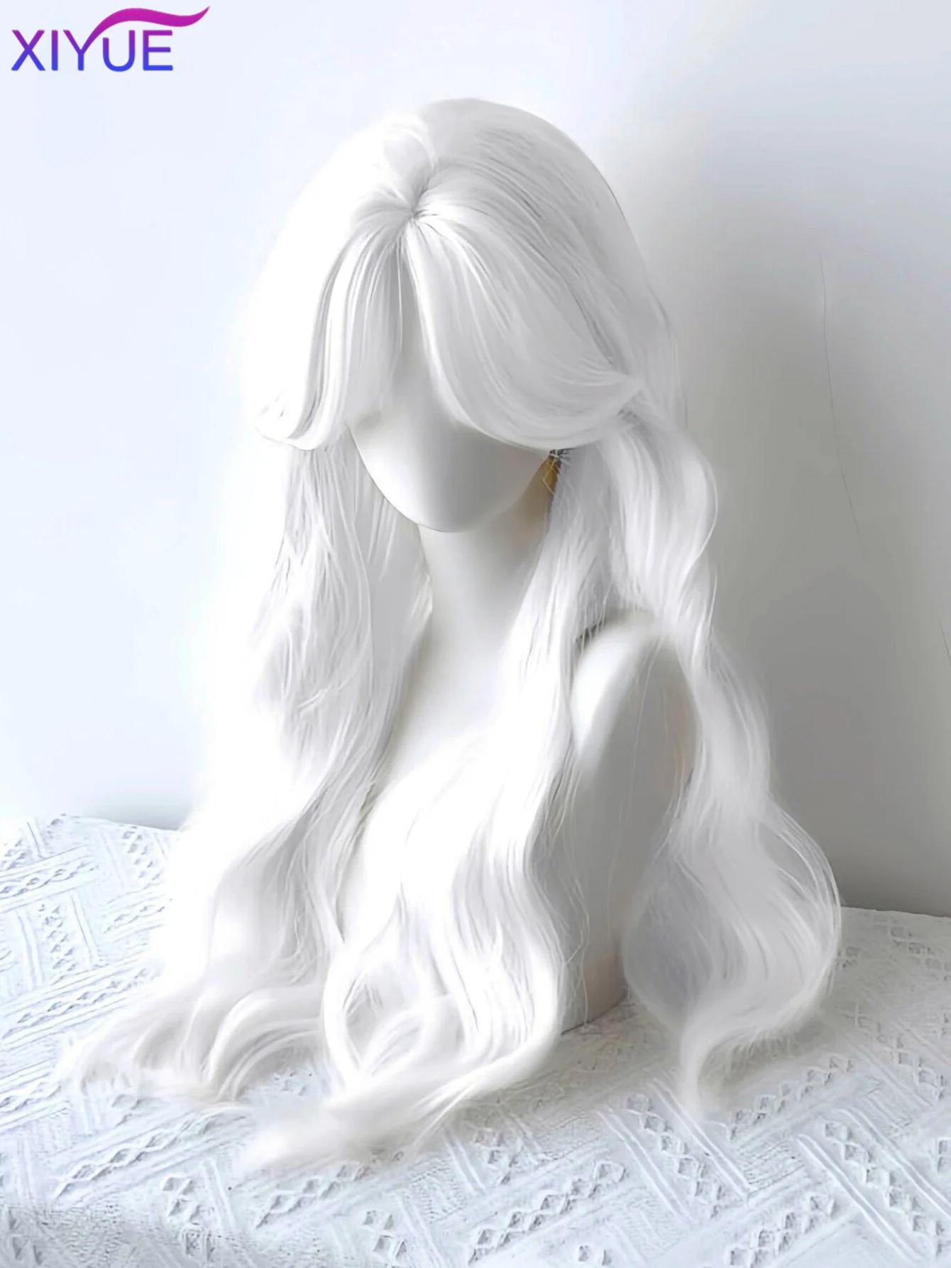 Long Water Wave Wig with Bangs White Colorful Cosplay Silky Wig for Women Daily Party Natural Soft Synthetic Hair Heat Resistant
