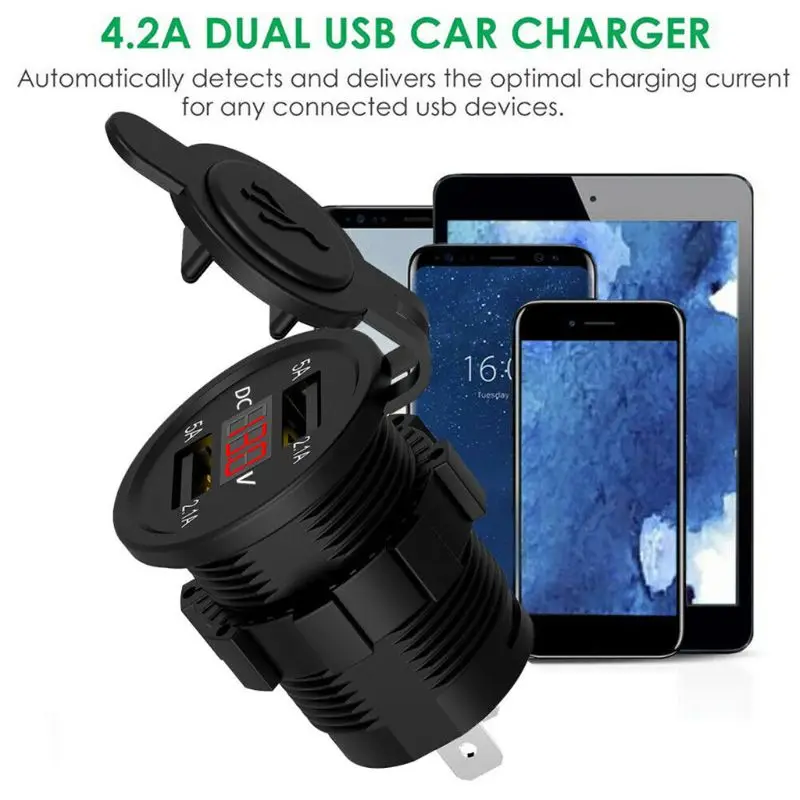 Dual USB Kabel Adapter Wasserdichte Dual Port Steckdose Smart Phone Tablet  Ladegerät Mit Voltmeter Für Motorrad Auto Boot Marine CEC_63B Von 25,3 €