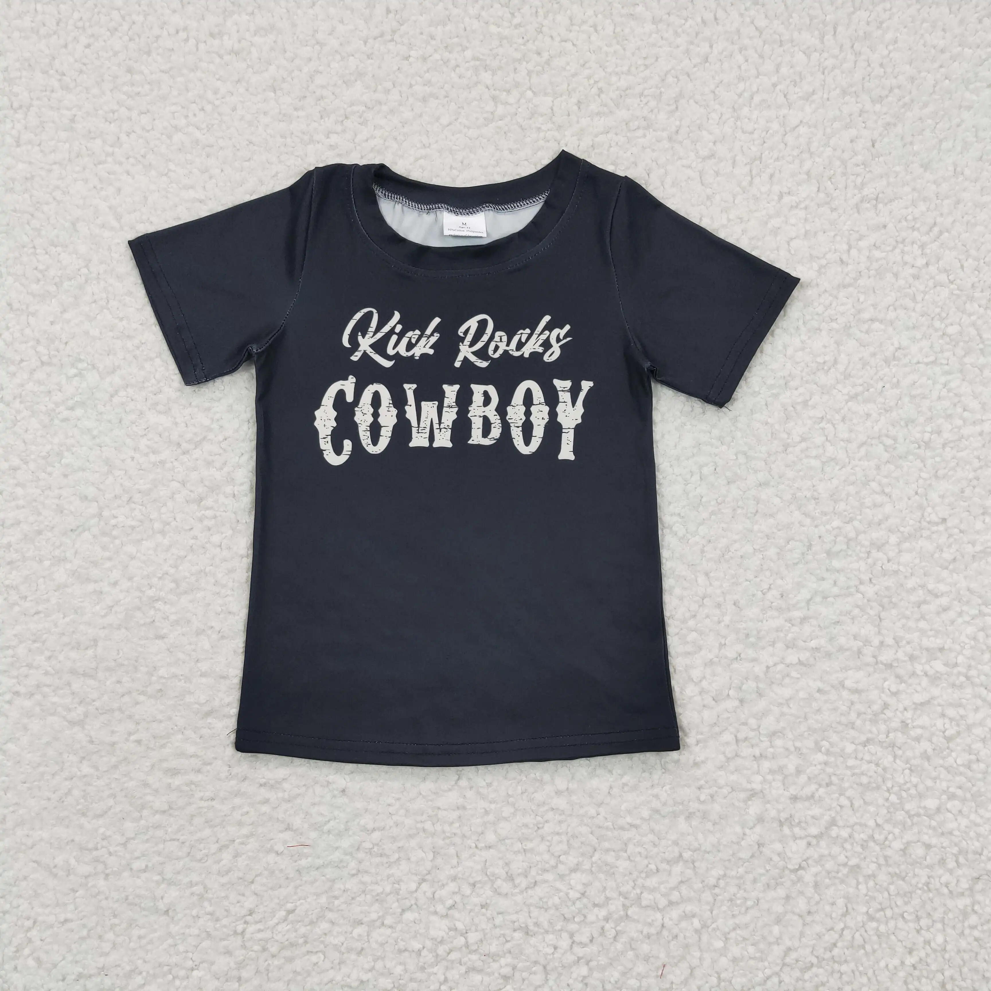 

F​ashionable 2023 Custom RTS Round Neck Baby Black Tees Girls Toddler Summer Tops Kids Cowboy T Shirts