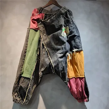 YEAE personalized crotch pants women's 2024 autumn new asymmetrical color matching loose large size jeans 1