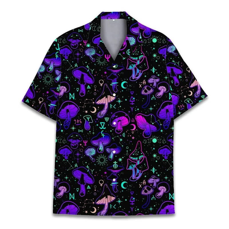 thumbnail image 1 of Camisa de manga corta con botones y estampado 3D de hongos coloridos para hombre, estilo hawaiano callejero, para vacaciones, playa, plantas, 1 of 5