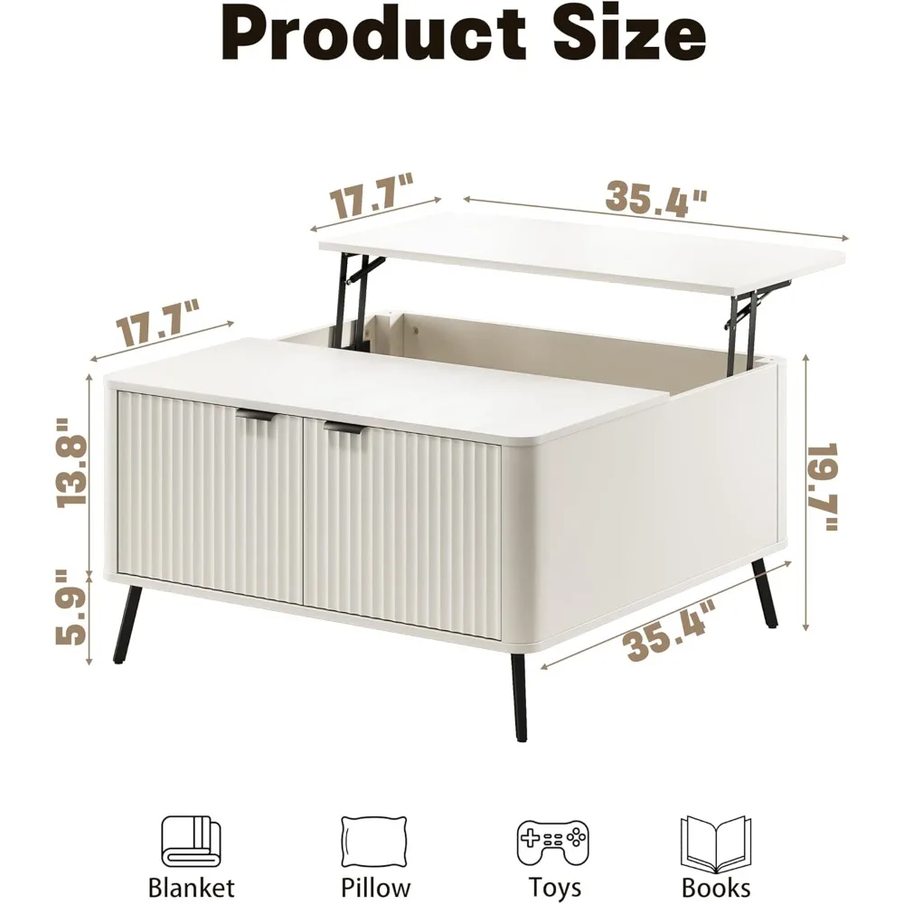 Coffee Table, Lift Top Coffee Table for Living Room, 35.4" Square Coffee Table with Storage, Modern Fluted Center Table with Hid 2