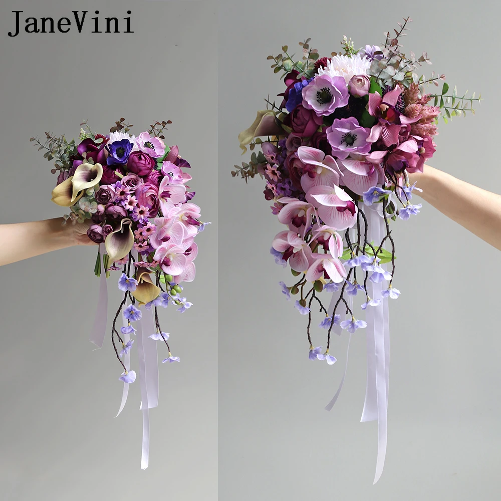 JaneVini Purple Cascading Bridal Bouquets Moth Orchid Bride Hand Flowers Waterfall Wedding Bouquets Ramos De Flores Artificial