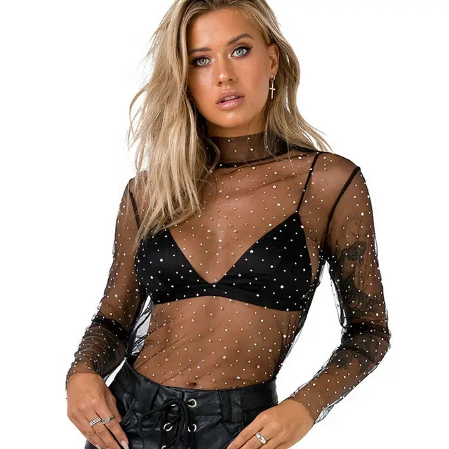 Summer Sexy Lace Mesh Sheer T Shirt Women Transparent Tops Turtleneck See  Through Cover Up Long Sleeve Shine Rhinestone Crops - Polo Shirts -  AliExpress