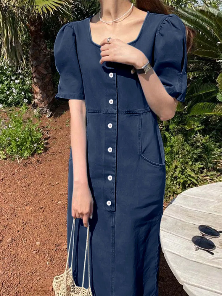 

ZANZEA Casual Square Neck Button Vestidos 2023 Summer Denim Midi Dress Women Elegant Short Sleeve Robes Holiday Leisure Sundress