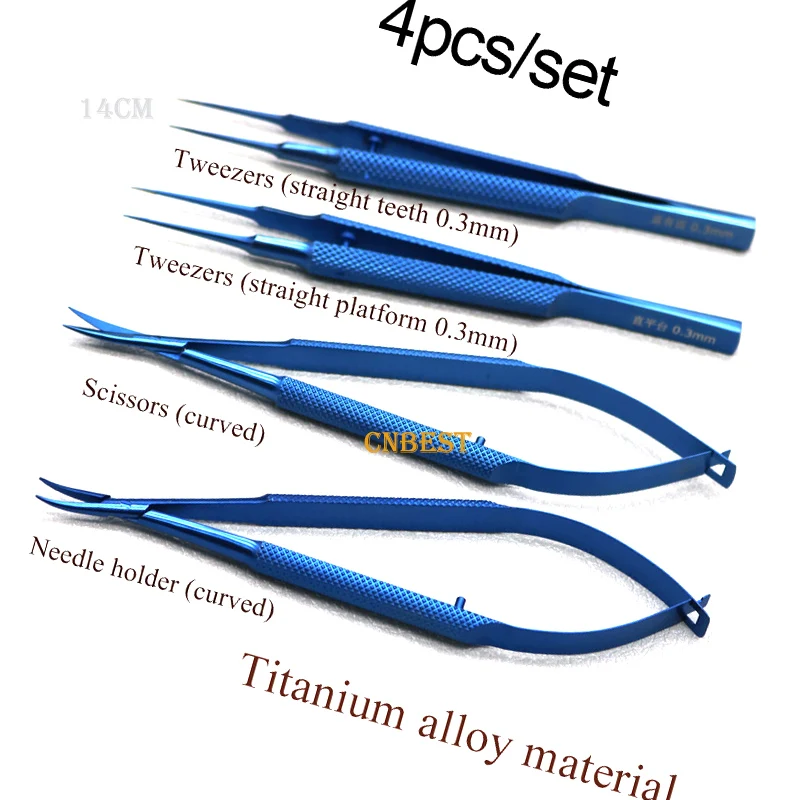 4pcs/set 14cm Titanium Microsurgical Instruments Kit Scissors Needle Holder Forceps