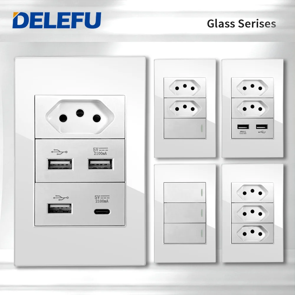 DELEFU 4*2 White Tempered Glass Brazil Standard Outlet with Double USB Type C Wall Power Socket Smart Switch Tuya Wifi 10A 20A