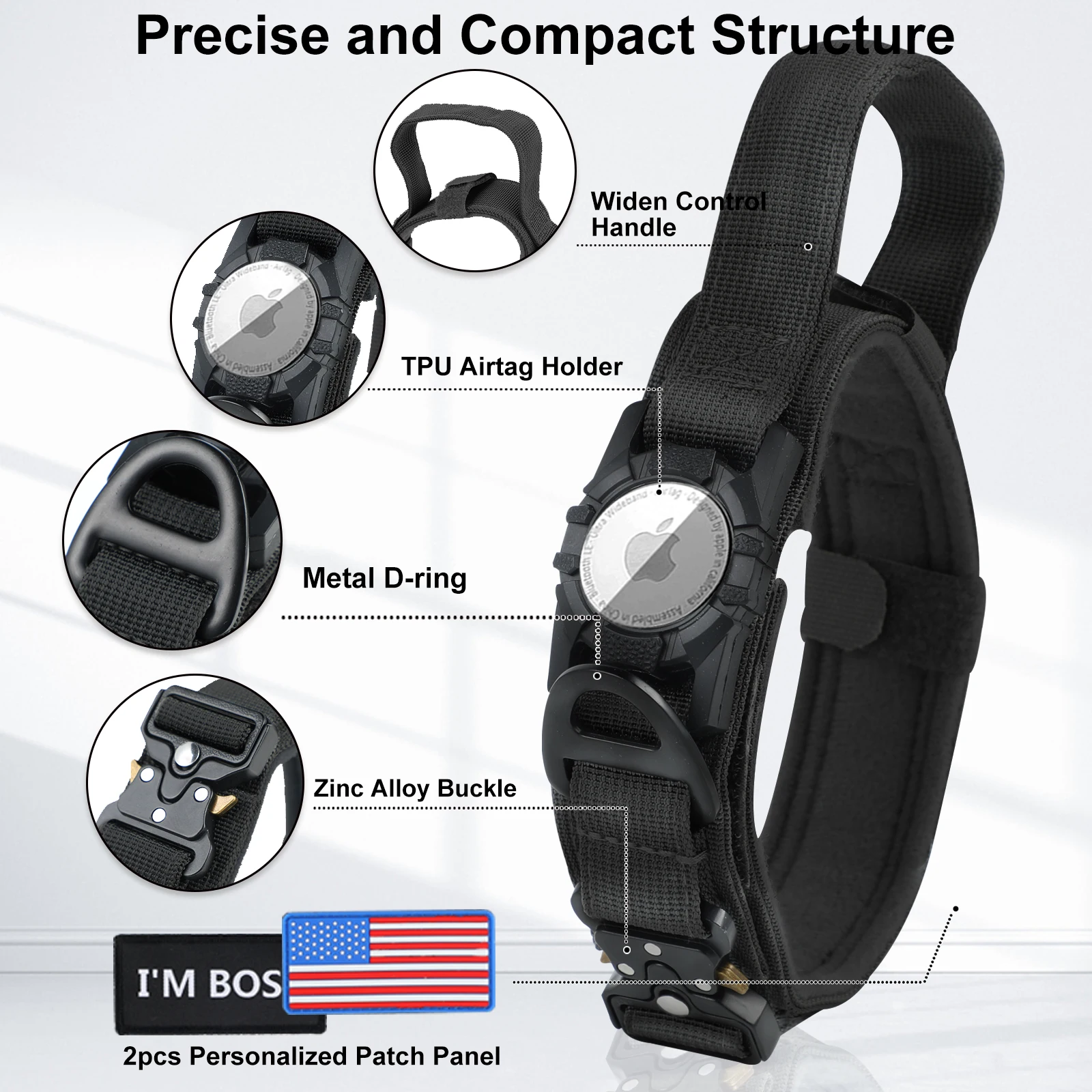 Dog Collar AirTag Dog Collar with Handle Tactical For Large Medium Dogs Military with Metal Buckle