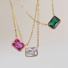  Simple Multicolour Zircon Crystal Rectangle Shape Pendant Necklace for Women Girls Stainless Steel Clavicle Chain Necklaces 