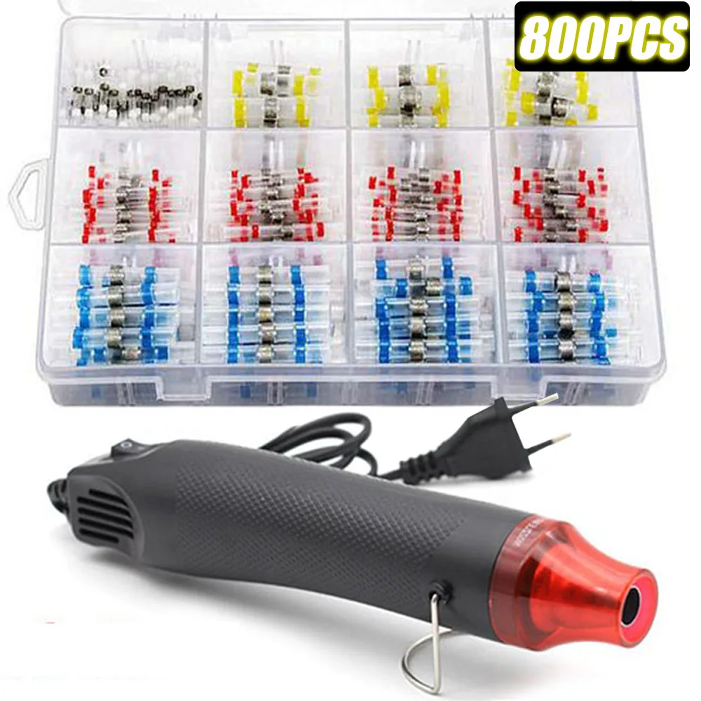 

100/800PCS Waterproof Electrical Wire Cable Splice Kit Heat Shrink Butt Crimp Terminals Solder Seal with 300W Hot Air Gun