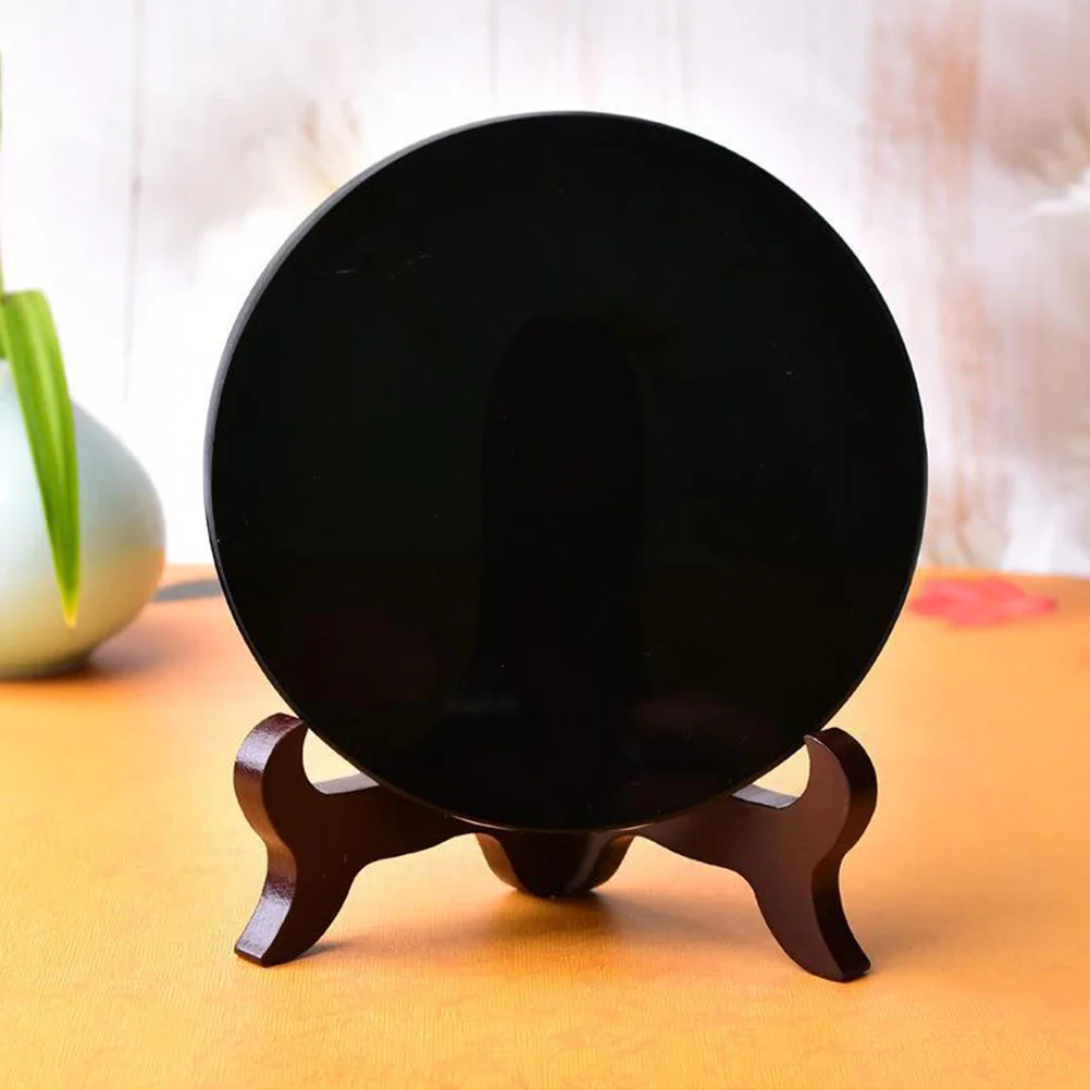 Fomiyes Black Obsidian Stone Mirror Natural Circle Disc Round Plate Feng Shui Mirror Stand Obsidian Scrying Mirror Yoga Energy