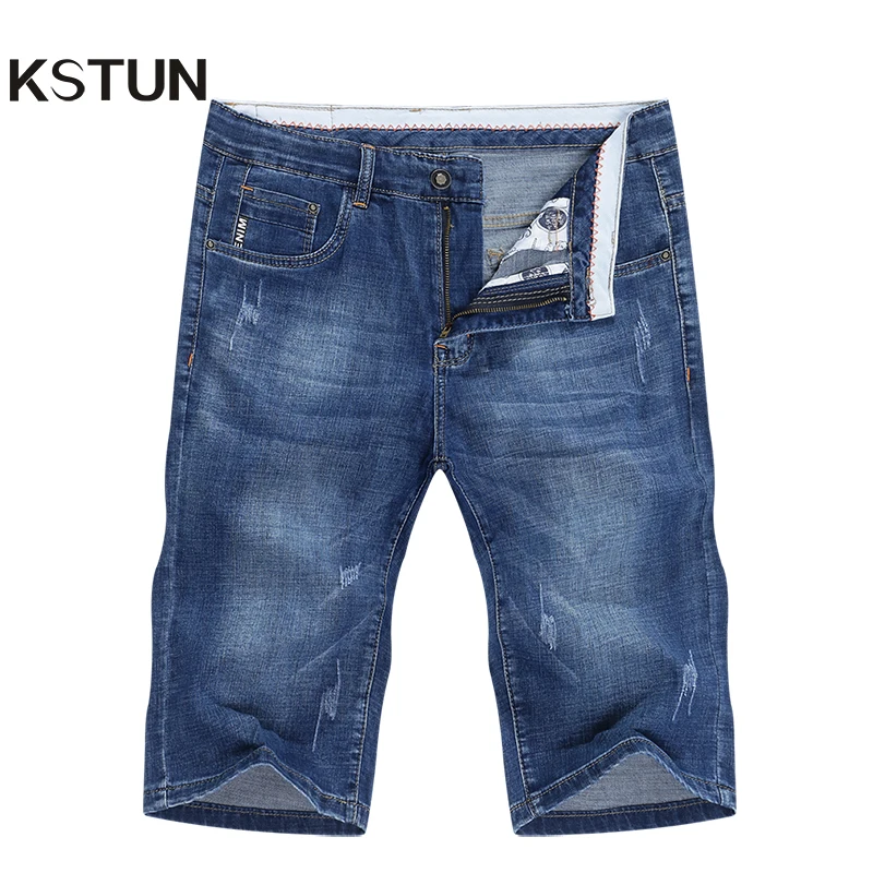 

2024 Summer Shorts Jeans for Men Stretch Denim Shorts Slim Straight Blue Scratched Fashion Pockets Man Casual Knee Length Pant