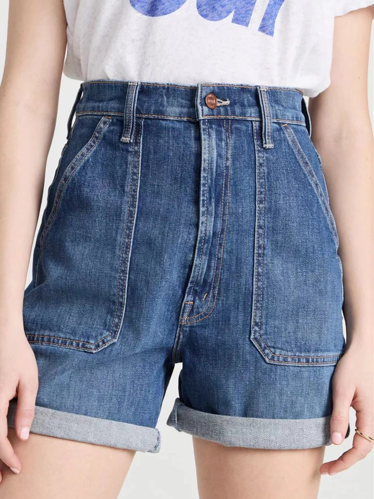 

New Women High Waist Short Jeans Fashion Ladies Dark Blue Patch Pocket A-Line Denim Shorts for 2023 Spring Summer