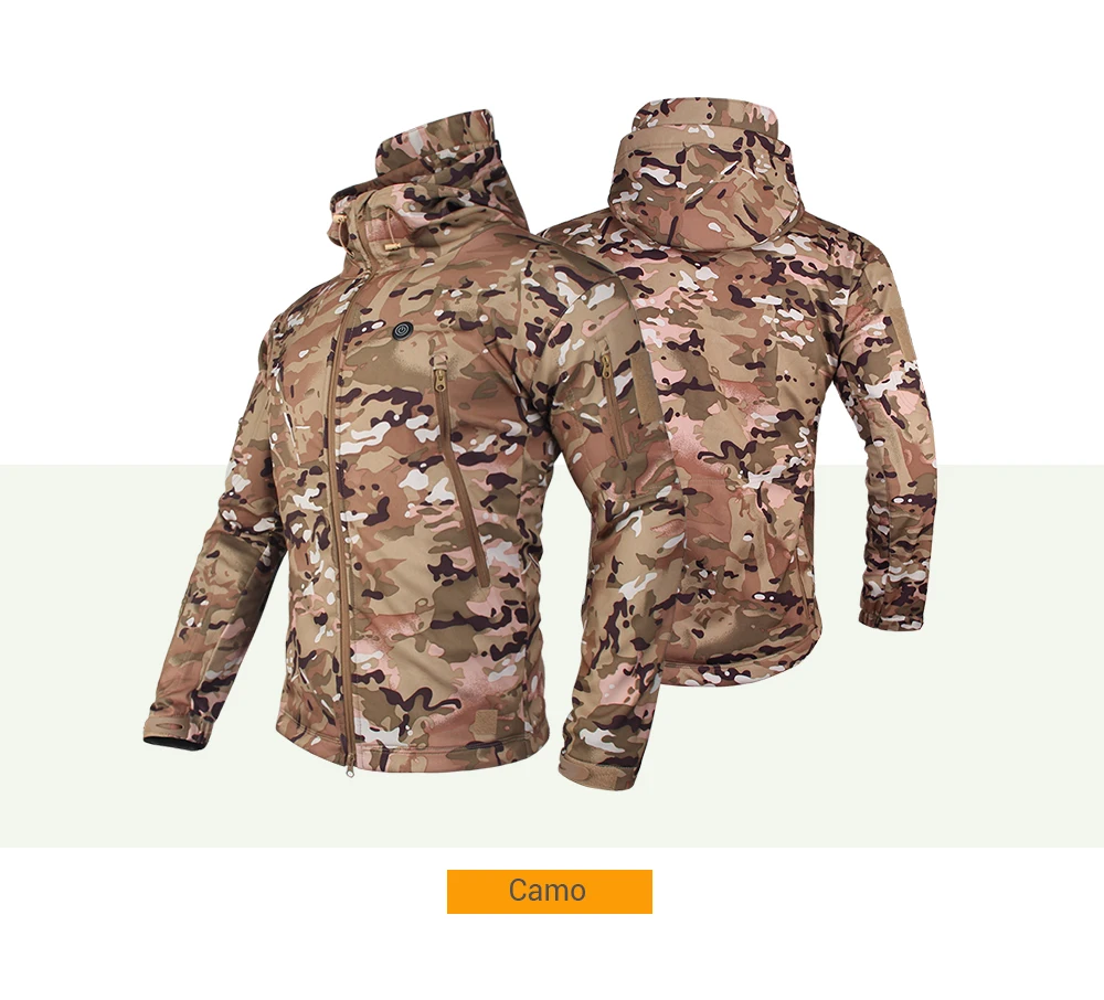 Two men's smart heated jackets with hoods, color is camo.