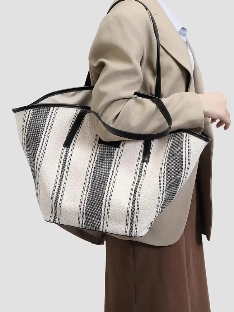 Striped Shoulder Bucket Bags For Women Contrast Color Canvas Fabric Large Capacity Shopper Totes 2024 Autumn New Handbags Female