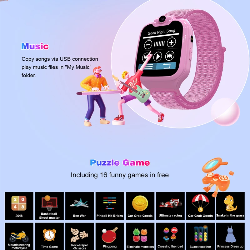 KGG 어린이 음악 스마트 워치 2G 통화 전화 시계, TF 카드 포함, 16 게임 시계, 회전 카메라, 어린이 시계, 생일 선물, 1.54 인치