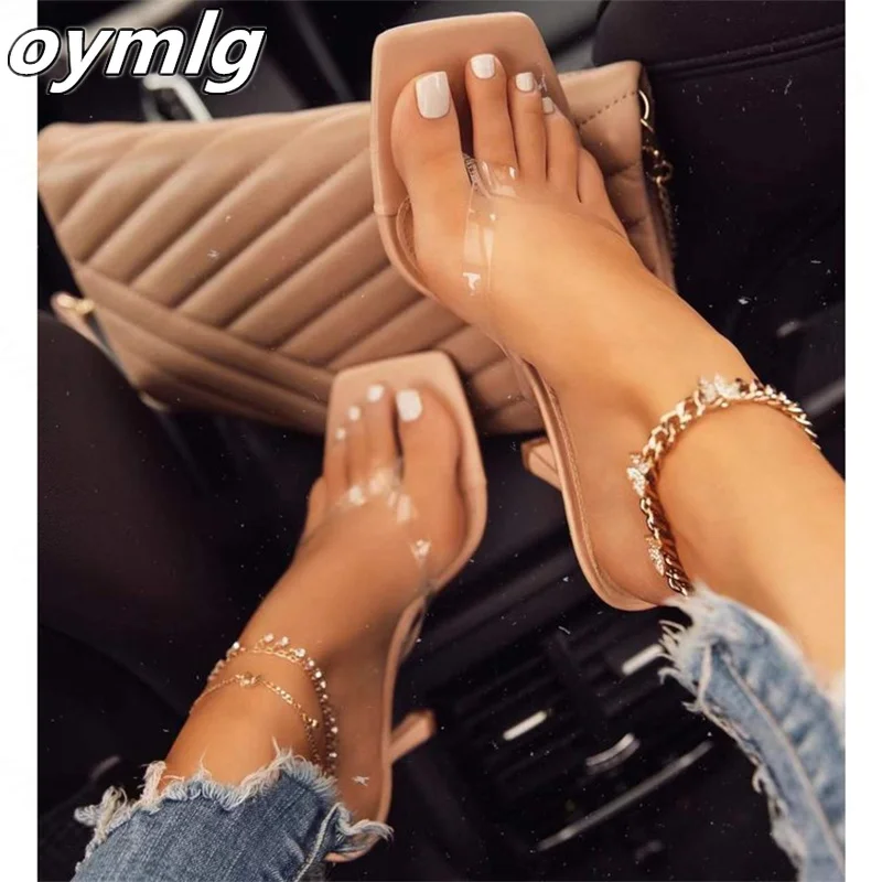 

2022 new fashion high-heeled slippers flip-flops transparent thin straps square toe stiletto large size women's shoes heels