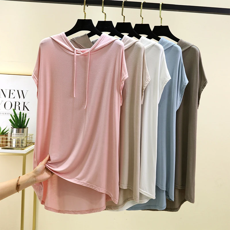 Summer Women's Loose Casual Modal ort Sve T-irt Hooded Mid-Length Thin Top Large Size Base irt Outerwear