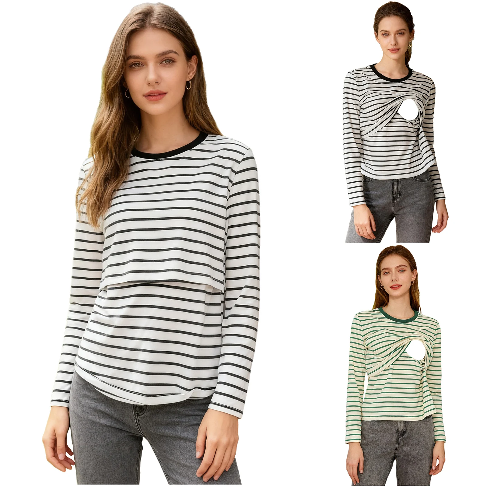 임산부 수유 티셔츠 캐주얼 코튼 스트라이프 긴팔 수유 티셔츠 임신 여성 산후 상의 데일리웨어