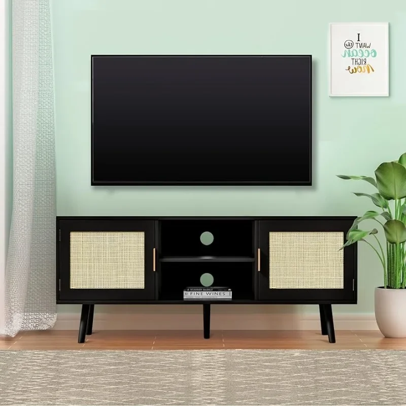 

Farmhouse Rattan TV Stand for 55 Inches TV Mid Century Modern Entertainment Center with Storage Cabinet Wood Small Media Console