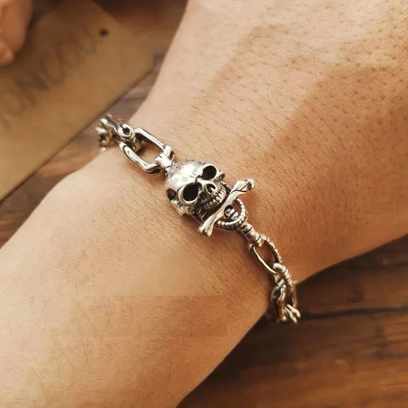 9mm Width Real Silver Vintage Skull Bracelets For Man Women