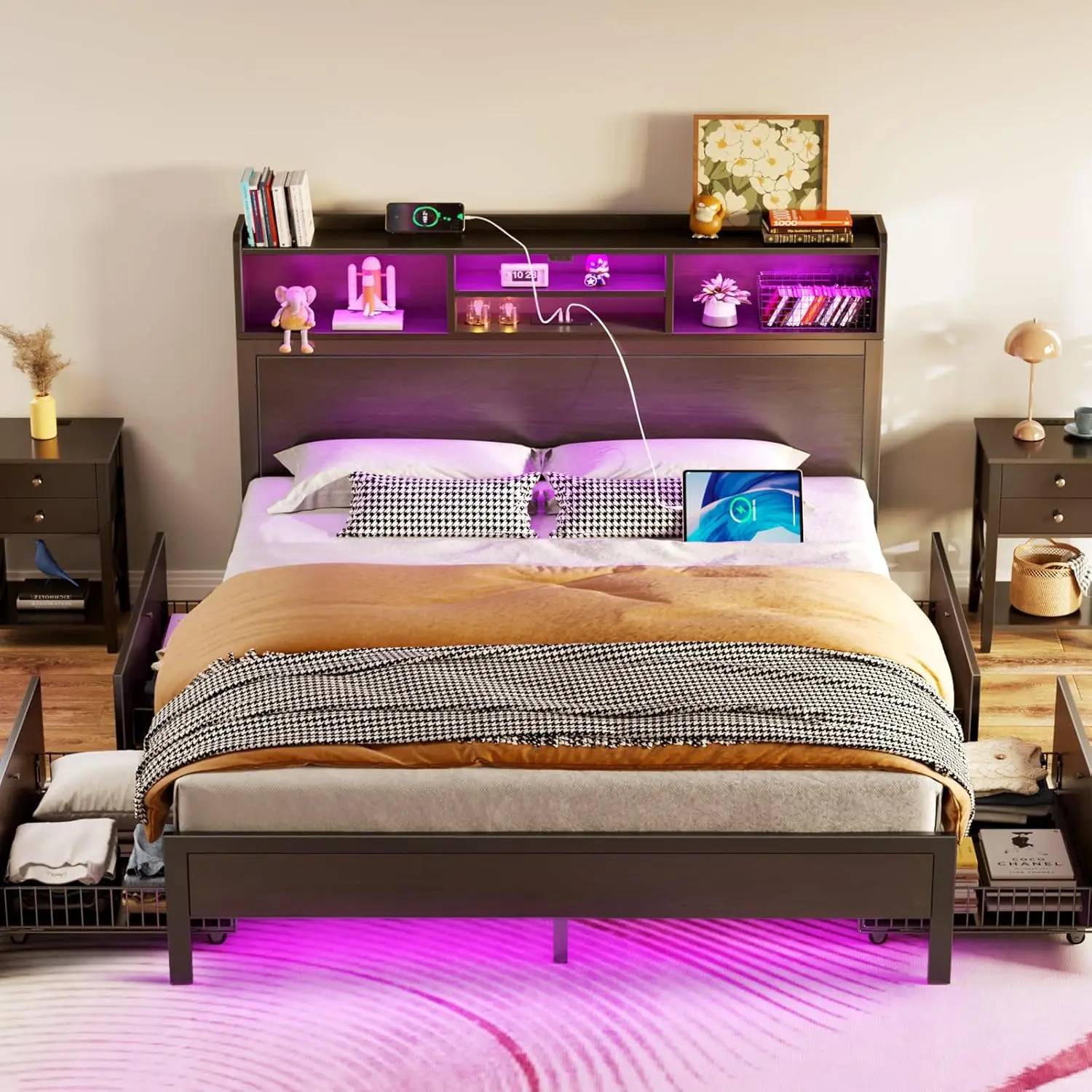 Bed Frame with Storage Headboard, Metal Platform Charging Station, LED 4 Drawers, Bookcase Storage, No Box Sprin 2