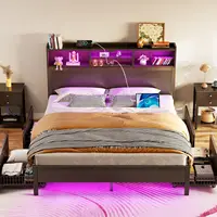Bed Frame with Storage Headboard, Metal Platform Charging Station, LED 4 Drawers, Bookcase Storage, No Box Sprin 2