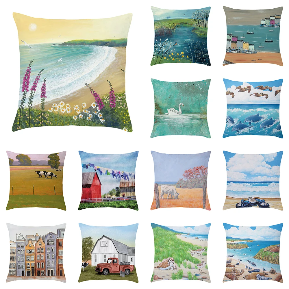 

45x45CM Farm garden city Seaview Print Pattern Home Living Room Sofa Office Decoration Cushion Cover Pillow Case