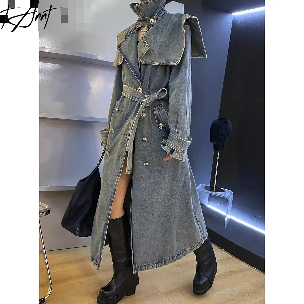 

TANNT Women Denim Trench Coat 2023 SpringTemperament Double Breasted Lace Up Loose Long denim Coat All Match Fashion
