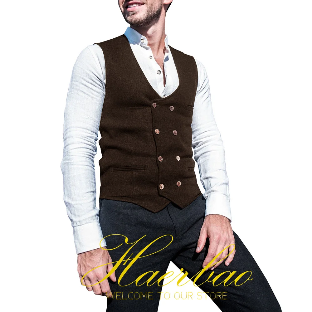 Mens Herringbone Vest Double Breasted Resting Sleeveless Jacket Formal Wedding Waistcoat Groom Party Waistcoat