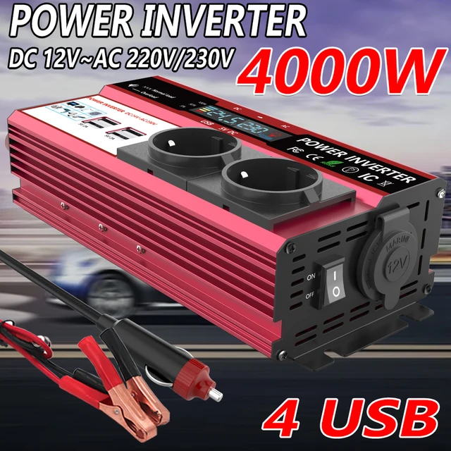 อินเวอร์เตอร์แปลงไฟ 12V เป็น 220V กำลังไฟสูงสุด 4000W กำลังไฟต่อเนื่อง 800W พร้อมหน้าจอ LCD ปลั๊กแบบ EU อินเวอร์เตอร์พลังงานแสงอาทิตย์ ช่อง USB คู่ สำหรับโทรศัพท์ แล็ปท็อป และรถยนต์ 1