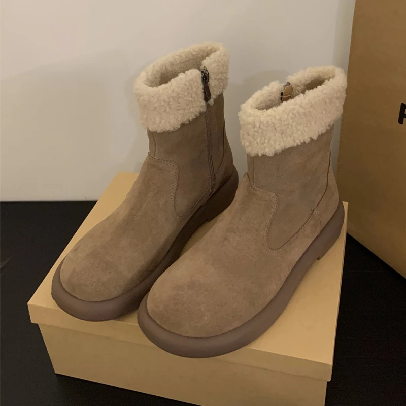 

Fur Women Flats Ankle Snow Boots 2024 Winter Warm Shoes New Fashion Short Plush Chelsea Boots Suede Casual Zipper Femme Botas