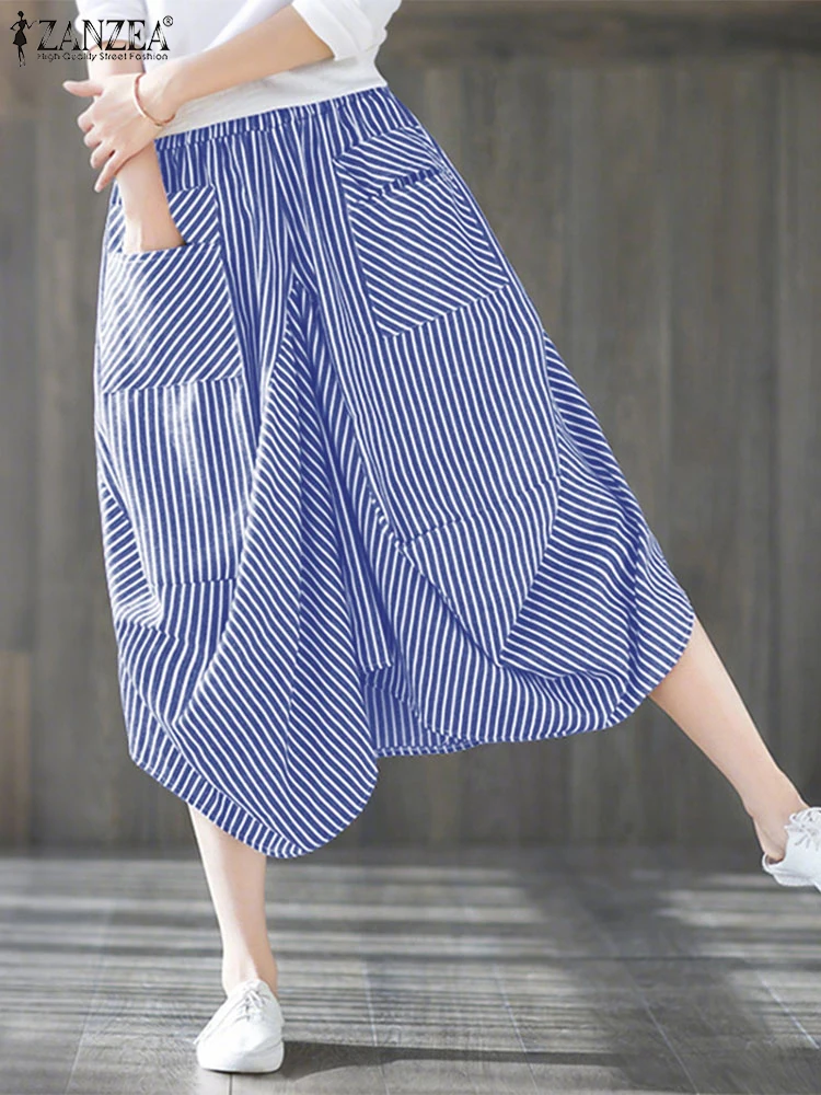 Polyester Striped Casual Pants with Elastic Waist and Big Pockets