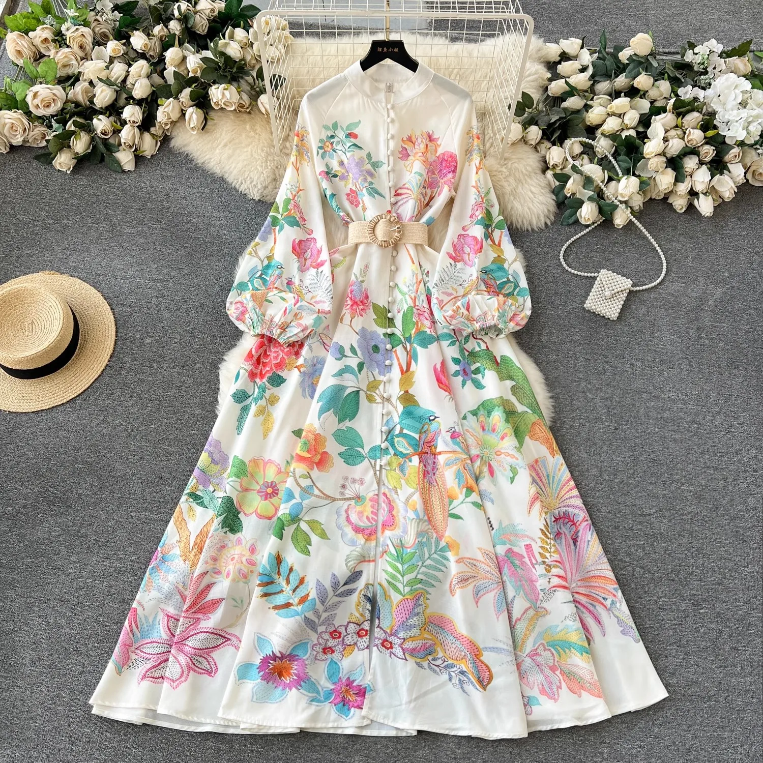 

Spring Holiday Gorgeous Floral Maxi Dress Elegant Stand Single Breasted Lantern Sleeve Belt Prom Robe Linen Clothes Vestido 6236